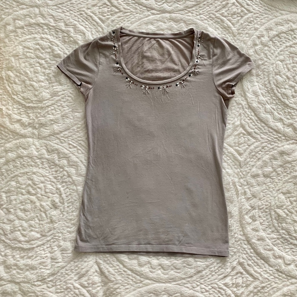 Ann Taylor grey T-shirt with beaded collar